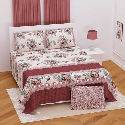 abalone Color Floral Bird Design Bedsheet Set (2 Pillow Covers)