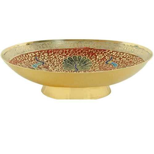 Brass Decorative Bowl Dry Fruit Bowl - Beautiful Red Color Peacock Design Kitchenware Gift (9 in)