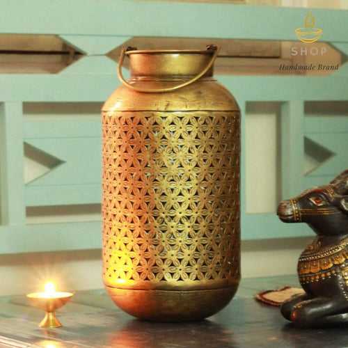 Burni Diya Lantern with Hanger - Handcrafted Antique Golden Polished Spiritual Wall Decor Piece