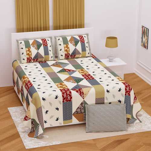 Cream Color Bird Design King size Bedsheet Set (2 Pillow Covers)