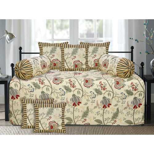 Cream Floral Design Diwan Set (5 Cushion Cover + 2 Bolster Cover )