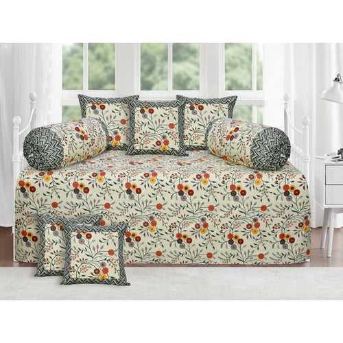 Cream flower Design Diwan Set (5 Cushion Cover + 2 Bolster Cover )