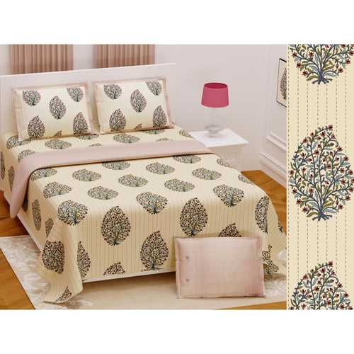 Cream Kantha Pattern Tree Design Bedsheet with Set of 2 Cushion Cover