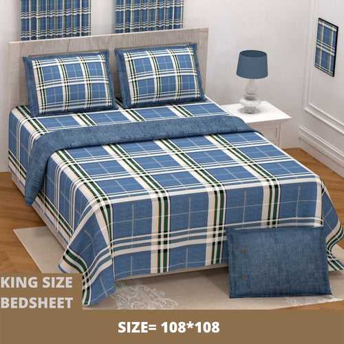 Denim Design Boxes King Size Printed Bedsheet With Set of-2 Pillow Cover