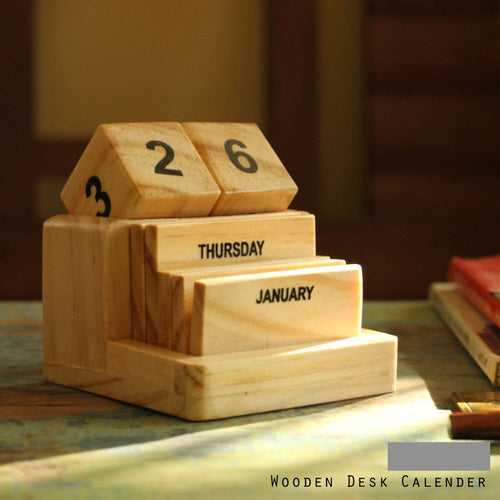 Desk Calendar - Yellow Polished Wooden DIY Calendar -Flip 'n' Lift Dices and Slices