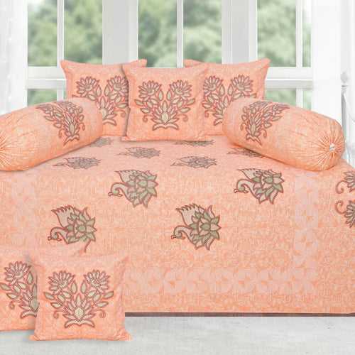 Flamingo Lotus Design Diwan Set (5 Cushion Cover + 2 Bolster Cover )