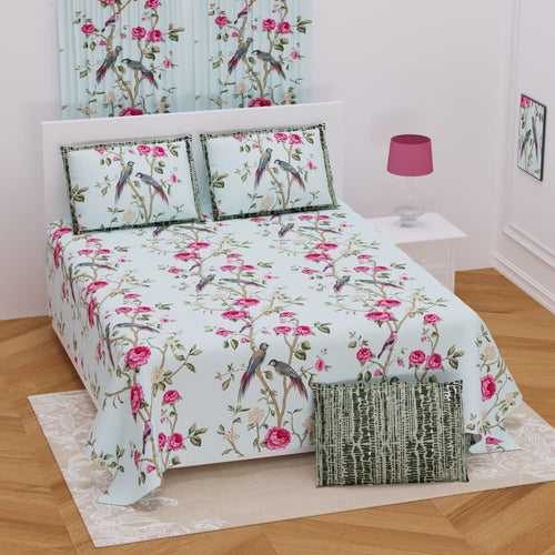 Floral Bird Design Green multi Color Bedsheet Set (2 Pillow Covers)