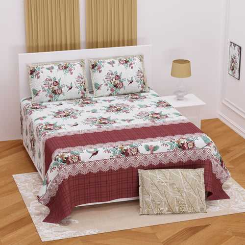 Floral Bird Design Light Green Bedsheet Set (2 Pillow Covers)