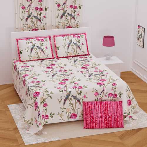 Floral Bird Design Pink multi Color Bedsheet Set (2 Pillow Cover)