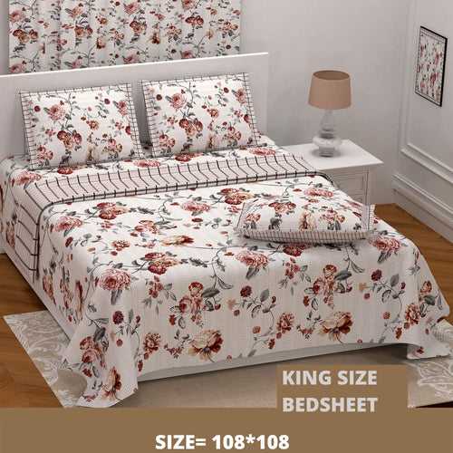 Floral Cream Printed King Size Bedsheet With Set of-2 Pillow Cover