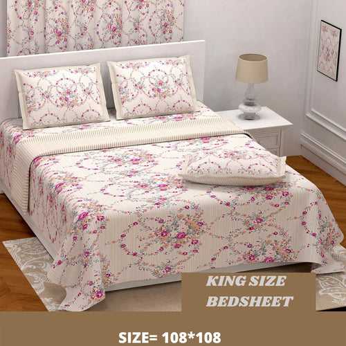 Light Pink Floral Design King Size Bedsheet With Set of-2 Pillow Cover