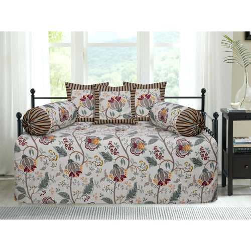 Off white with maroon Leaf Design Diwan Set (5 Cushion Cover + 2 Bolster Cover )