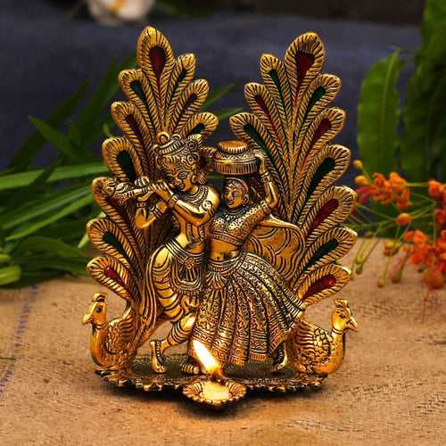 RADHA KRISHNA IDOL | Indian Handmade Peacock Design Showpiece with Diya for Puja and Home Decor |