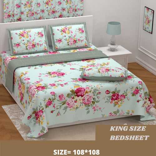 Rose Floral Pattern Printed King Size Bed Sheet With Set of-2 Pillow Cover