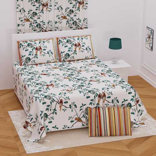 White Color Floral Bird Design Bedsheet Set (2 Pillow Covers)