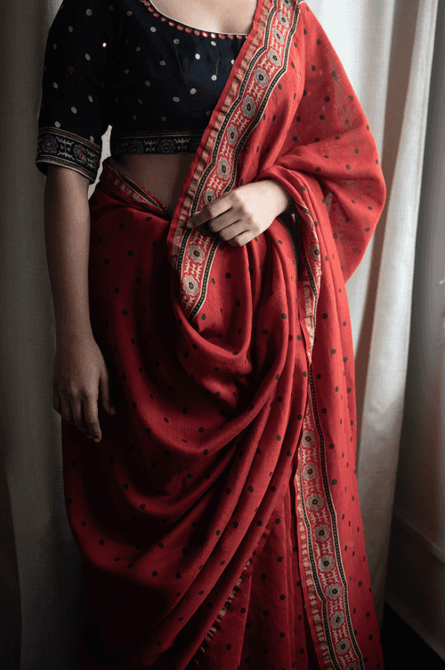 Ajrakh Polka Sari-Red