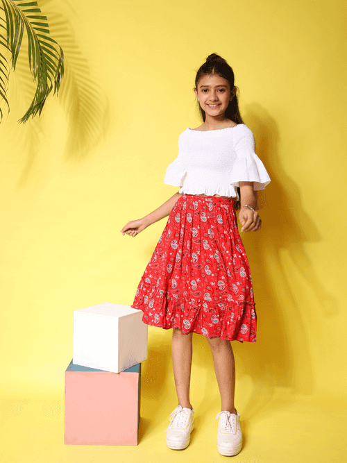 Ruby Bloom Girls' Top & Red Skirt Set