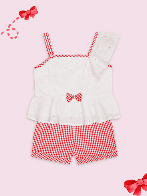 White Top & Red Check Short set