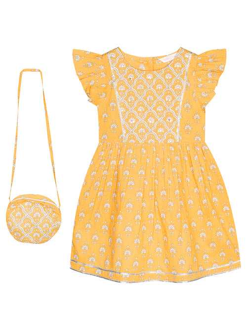 Trendy Yellow Cotton Girls Floral Dress with Bag