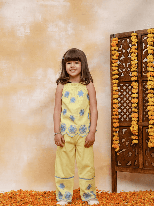 Cotton Yellow Embroidered Top- Pyjama Set