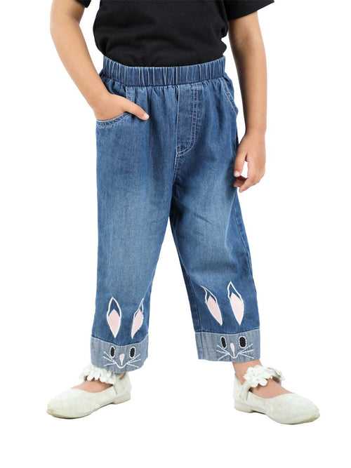 Blue Denim girls Pants with Bunny Embroidery