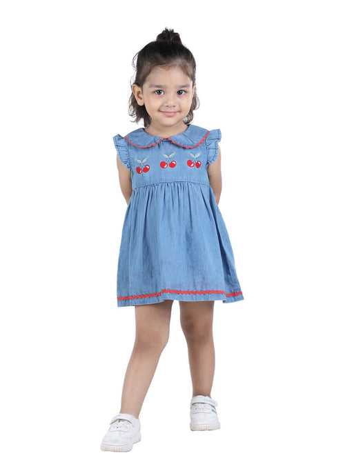 Blue Denim Girls Dress with Exquisite Embroidery