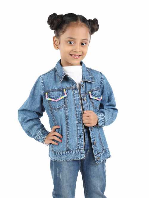 Blue denim jacket for girls with pocket thread embroidery