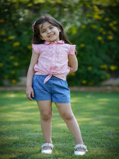 Rosy Denim Delight Girls Tie-up Top with Shorts