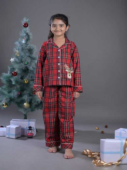 Girls Red Checked Nightwear Set with Cute Reindeer Patch