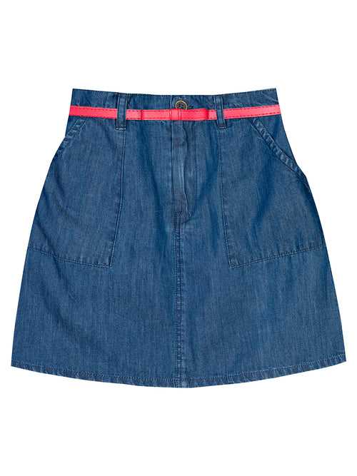 Denim Skirt with Red Leather Belt