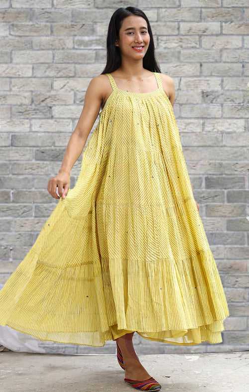 Lemon Yellow Dress with Grey Handblock Pin Stripes