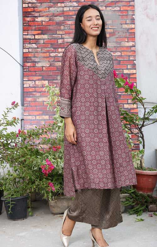 Chanderi Kurta in Dewberry Violet with Handblock Prints and Zardozi with Mocha Brown Modal Satin Pants