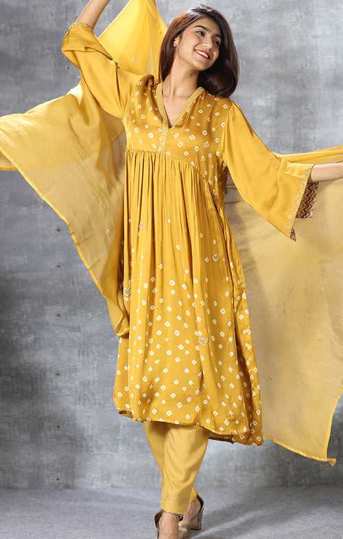 Modal Satin Kurta with mirror work and Bandej with Pants and Dupatta - Mustard