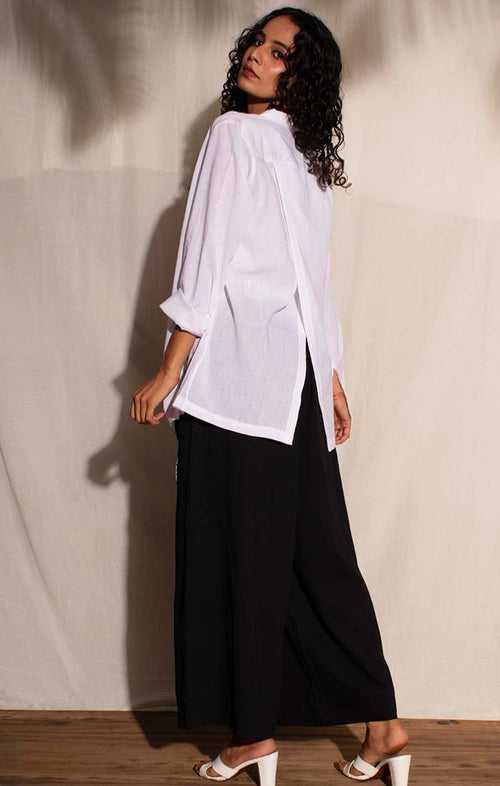 Handwoven Mul Shirt with back slit -White