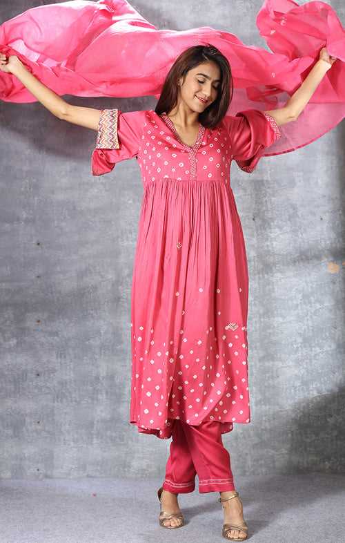 Modal Satin Kurta with Hand Embroidered Mirror Work and Bandej - Fiery Rose