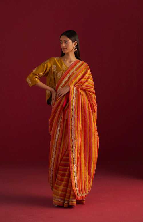 Zoya Tissue Saree in Red and Yellow Stripes