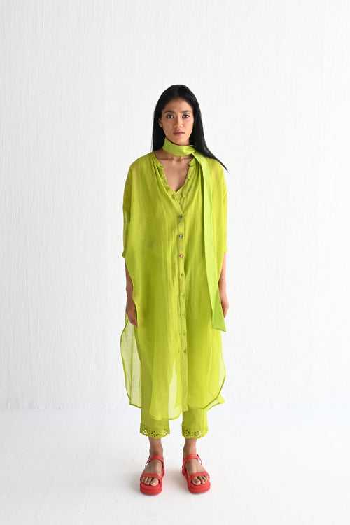Slit Shirt in Lime Green Chanderi with Slip & Pant