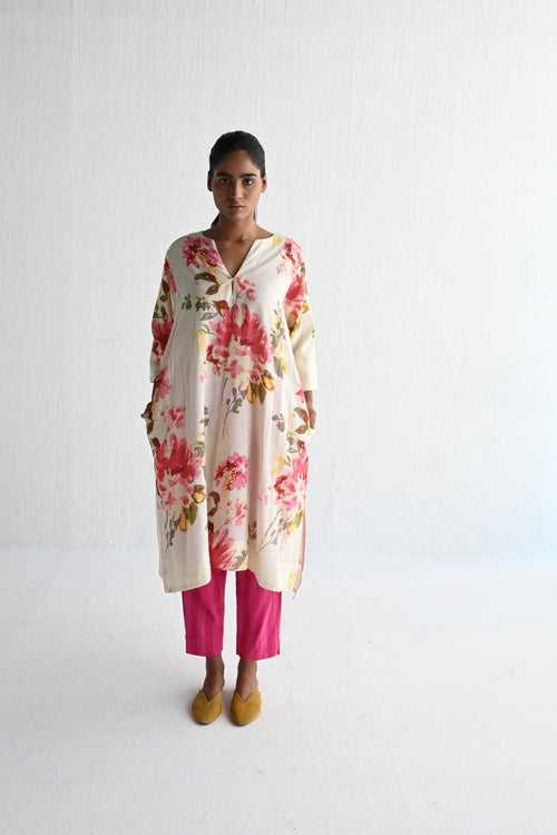 Jhabla Kurta in Pink Flower Print with Stripes Pant