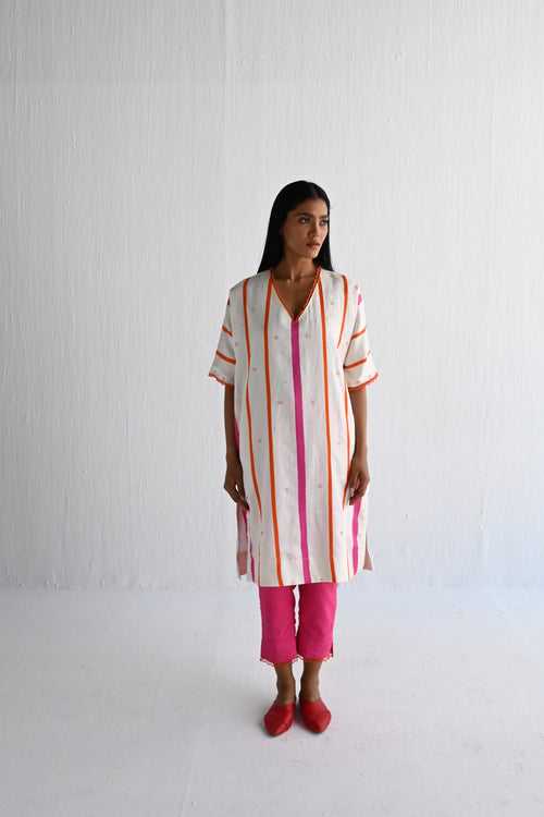 Shahi Kaftan in Hot Pink & Orange Silk Stripes with Pant