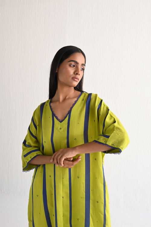 Shahi Kaftan in Lime Green & Blue Silk Stripes with Pant