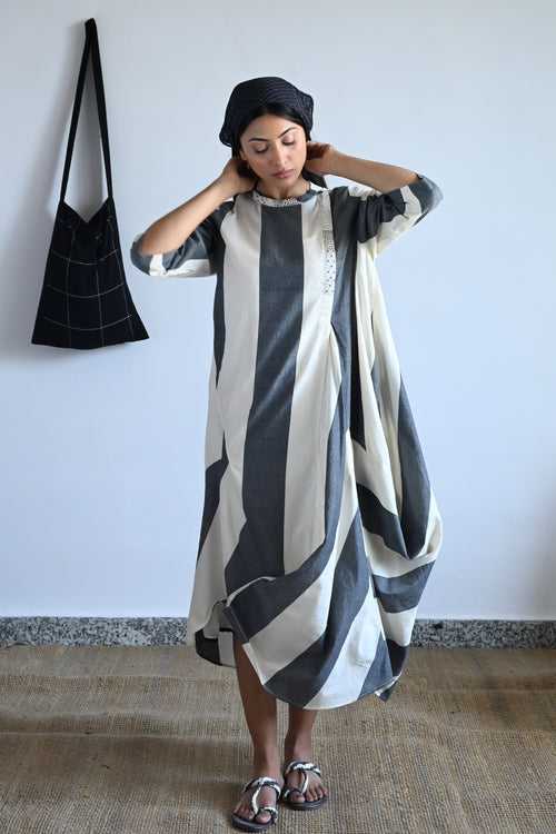 Cowl Dress in Black & White Stripes