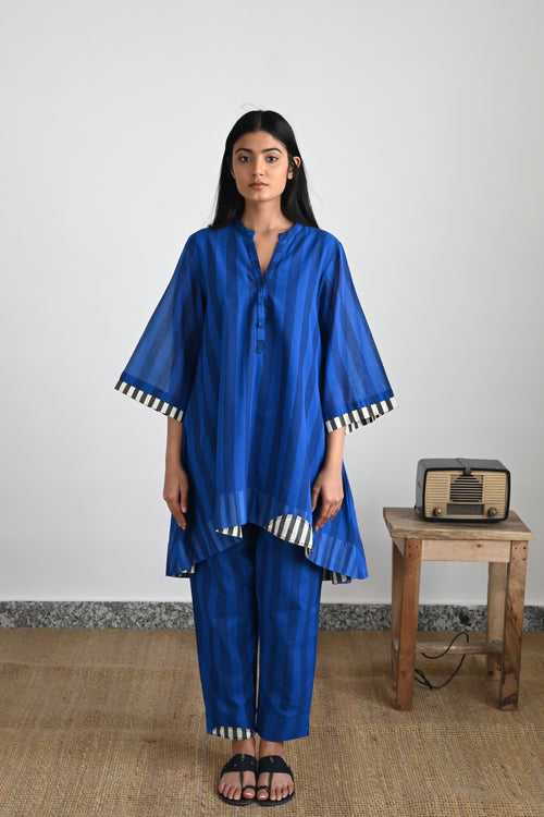 Oonch Neech Top in Blue & Indigo Stripes with Stripes Pant