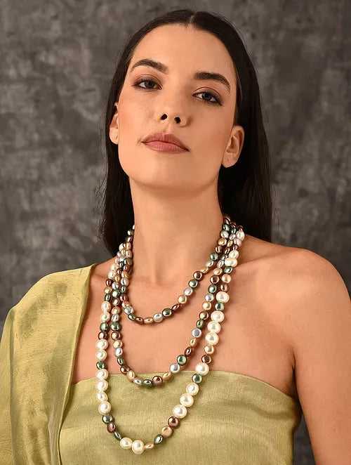 Triple Line White and Multicolor Shell Pearl Necklace