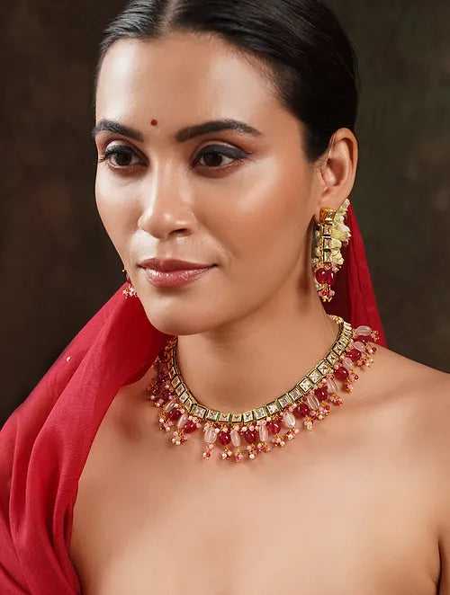 Traditional Red and Pink Polki Necklace with Earrings