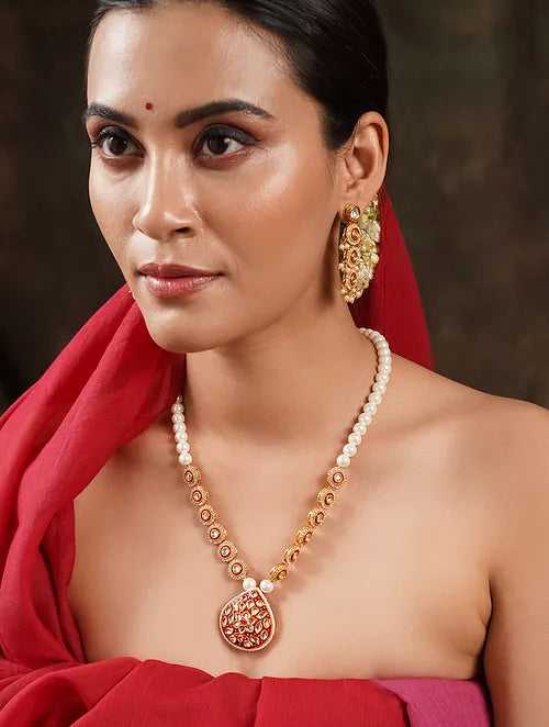 Red Kundan and Pearl Necklace with Earrings