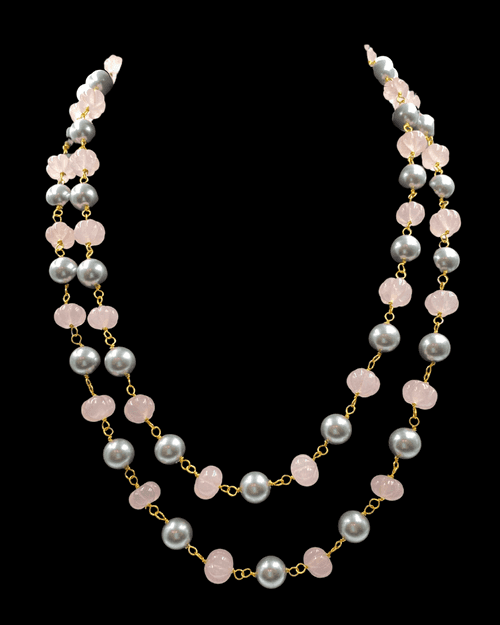Double Line Rose Quartz and Grey Shell Pearl Elegant Necklace