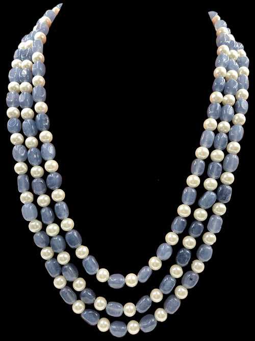 Triple Line Grey Quartz and Shell Pearl Necklace