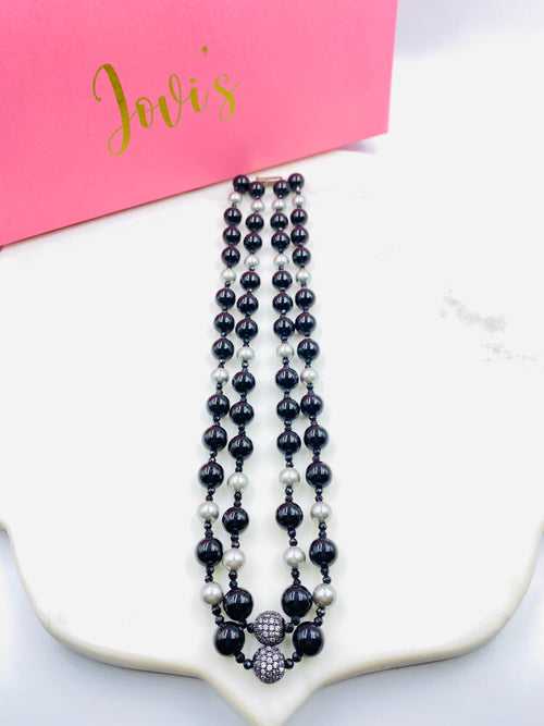 Double Line Black Onyx & Grey Shell Pearl Necklace