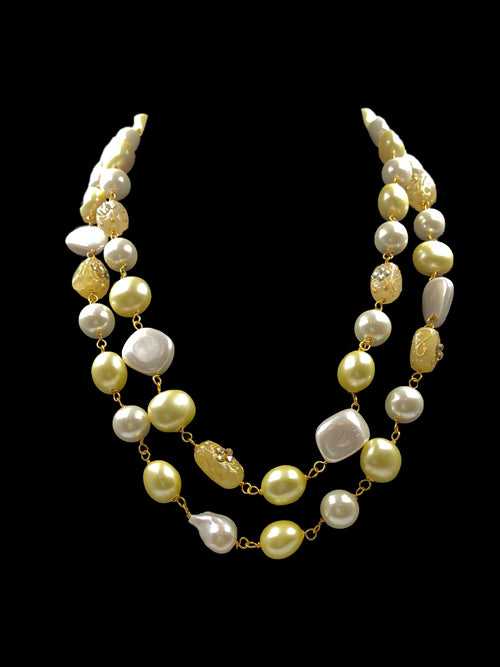 Yellow and White Shell Pearls Double Line Necklace