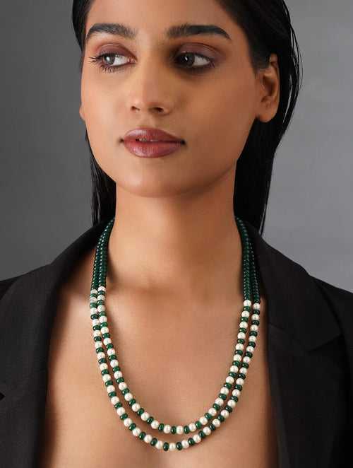 DOUBLE LINE AVENTURINE AND SHELL PEARL NECKLACE